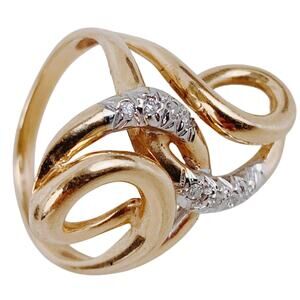 14K Gold Mid Century Diamond Cocktail Ring Retro Swirl Design VTG Ring, 50s 60s